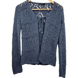 BCBG Maxazria Blue Crochet Knit Long Sleeve Single Tie Front Cardigan MP